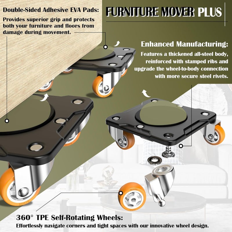 ONEON Furniture Mover Plus, Upgrated to Full Carbon Steel Panels Dolly, Reinforced Rib Design, Increased Weight Capacity, with Furniture Lifter, Easy Heavy Lifting - Image 2